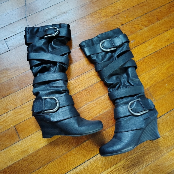 UNIONBAY Shoes - Y2K Faux Leather Wedge Knee Boots Slouch Buckle Straps Unionbay Boot 8 Women's